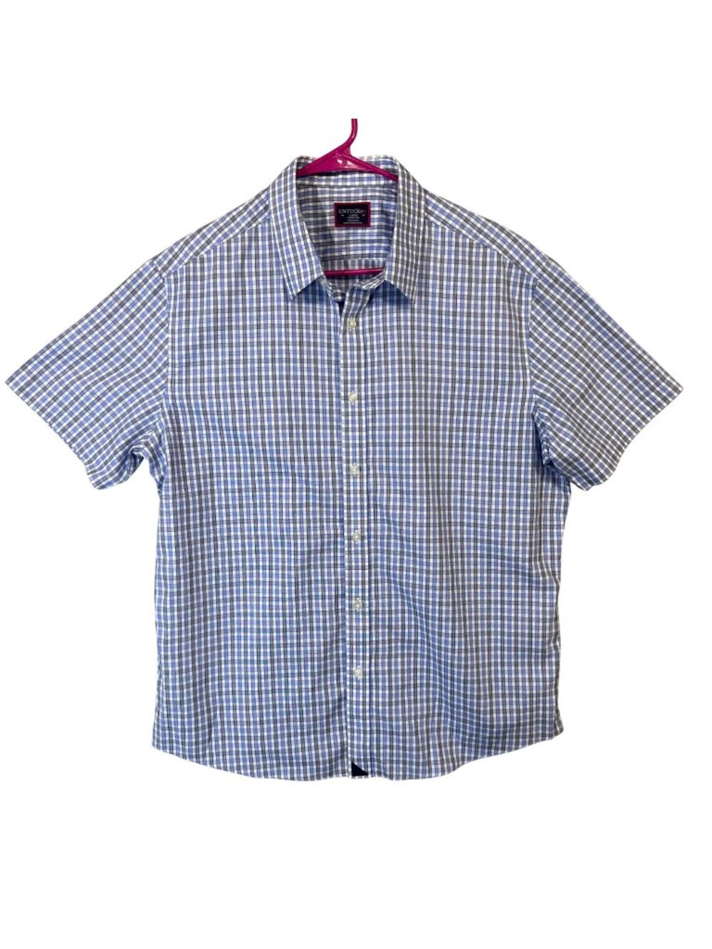 Untuckit Mens Blue & White Short Sleeve Button-Up Shirt Size L Wrinkle-Free EUC